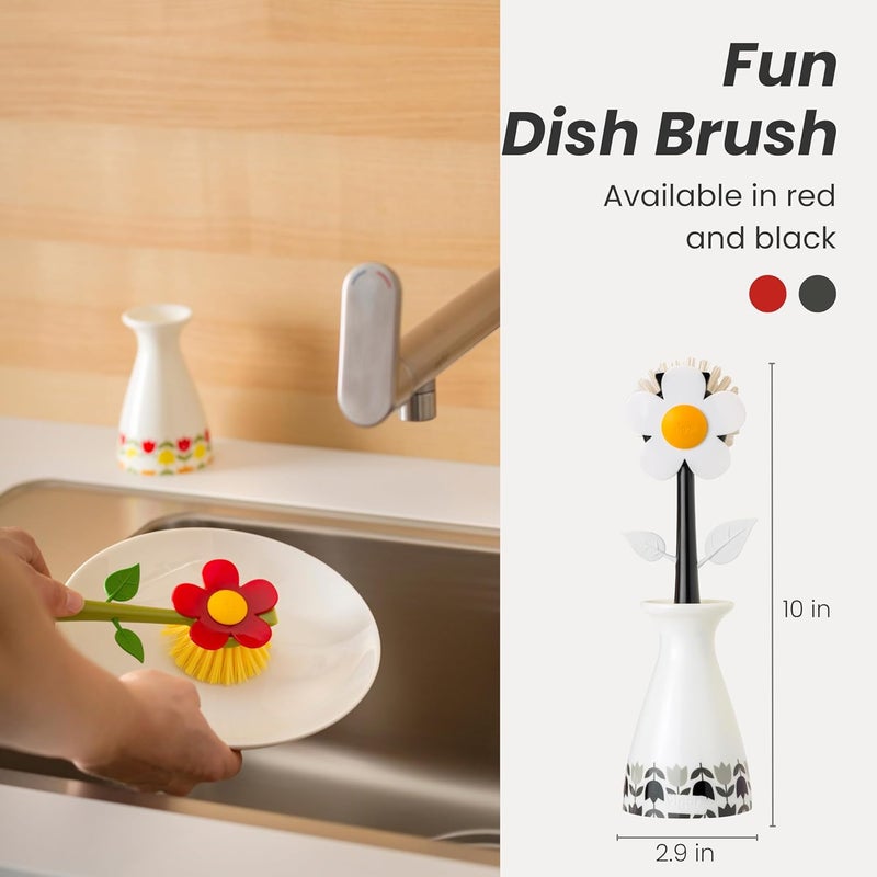 Vigar Flower Power Dish Brush with Vase Brush Holder, Dish Brush with Handle for Pot Scrubber, Dishes, Sink, and Kitchen Essentials, White, Red - Image 1
